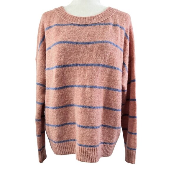 J. Crew Alpaca Merino Wool Salmon Pink Striped Fuzzy Oversized Sweater AK162 - Picture 1 of 8